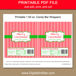Red and White Striped Christmas Candy Bar Wrappers Printable