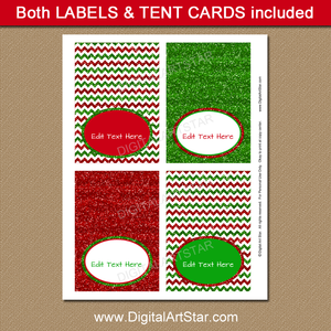 Red and Green Glitter Tent Cards for Christmas