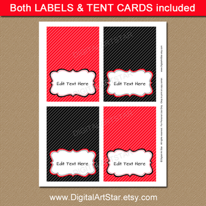 editable red and black birthday food tents