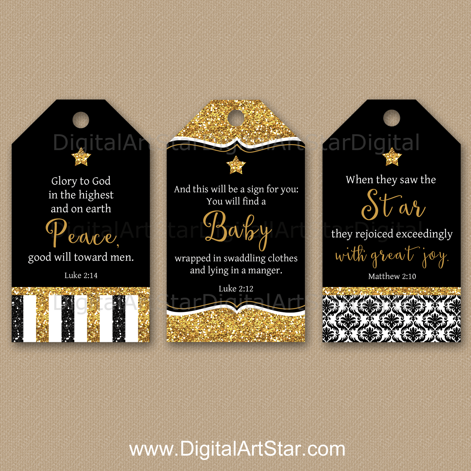Religious Christmas Gift Tags Printable - Black and Gold Glitter