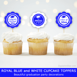 Royal Blue and White Graduation Cupcake Toppers Fancy Design
