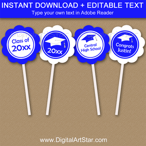 Royal Blue and White Graduation Cupcake Toppers Template