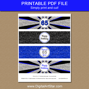 Royal Blue Black Silver 65th Birthday Water Bottle Labels Printable