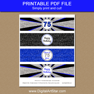 Royal Blue, Black, and Silver 75th Birthday Water Bottle Labels Printable PDF