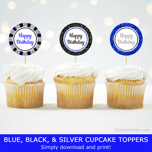 Royal Blue Black and Silver Cupcake Toppers Happy Birthday