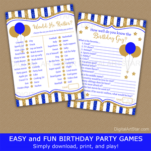 Royal Blue and Gold Birthday Party Games for Adults Bundle Package