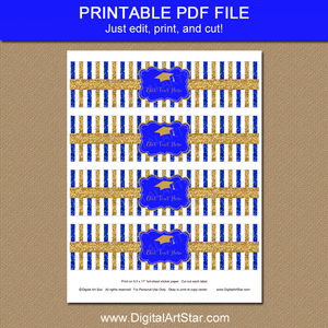 Royal Blue and Gold Graduation Printable Water Bottle Labels Glitter Striped