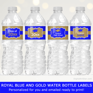 Royal Blue and Gold Graduation Water Bottle Labels Printable Decorations