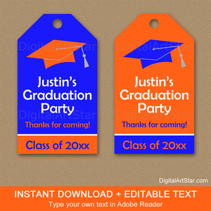 Royal Blue and Orange Graduation Gift Tags Editable Template