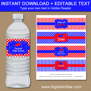 Royal Blue and Red Graduation Water Bottle Labels Editable Template
