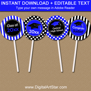 Instant Download Royal Blue Graduation Cupcake Toppers Template