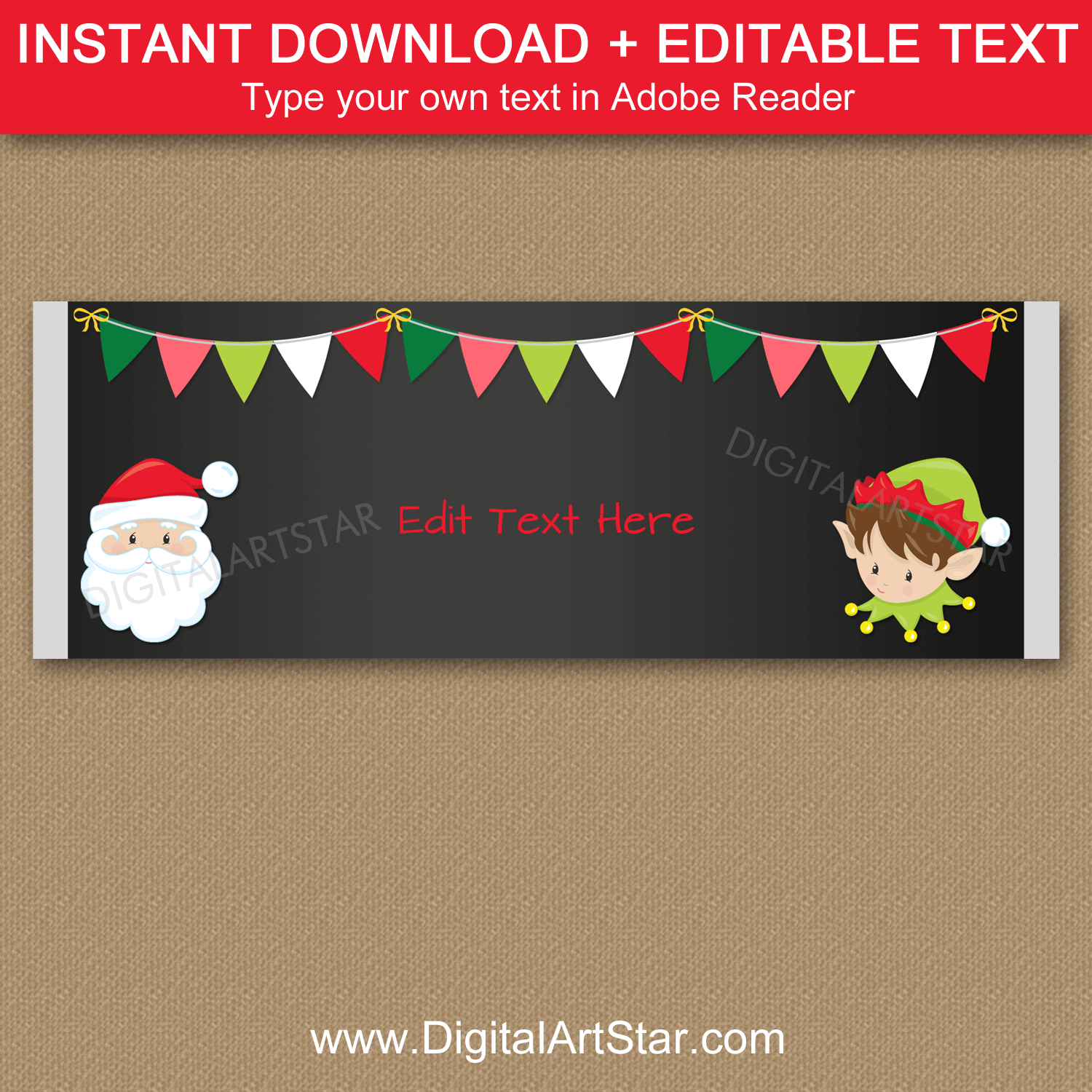 Santa and Elf Christmas Candy Bar Wrappers Chalkboard.  Instant Download Holiday Chocolate Bar Labels.