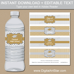 Silver and Gold Graduation Water Bottle Labels Downloadable Template
