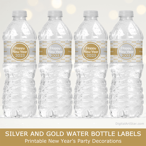 Silver and Gold Happy New Year 2023 Water Bottle Labels Decor