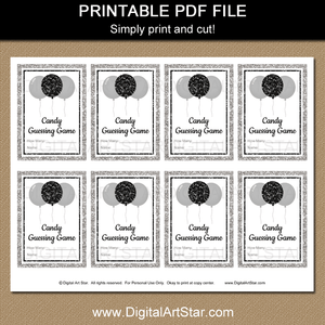 Silver and Black Birthday Candy Guessing Game Printable PDF