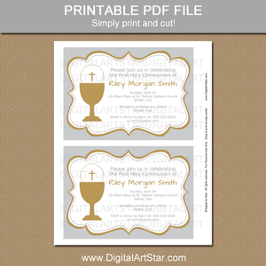 Silver and Gold First Communion Invitation Template Download for Boys or Girls