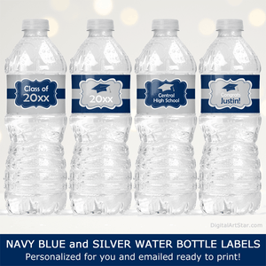Silver and Navy Blue Graduation Water Bottle Label Download