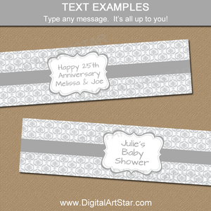 Editable Silver Bottle Labels for Anniversary, Baby Shower, Wedding