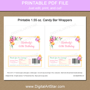Spring Birthday Printable Chocolate Bar Labels for Womans Birthday Favors