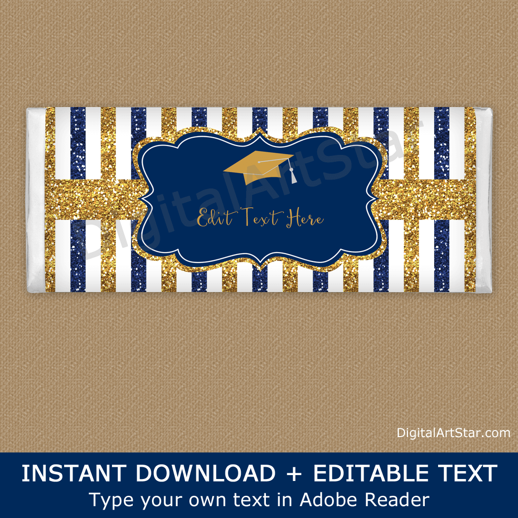 Striped Graduation Candy Bar Wrappers Navy Blue and Gold Glitter