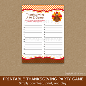 Thanksgiving Words A to Z Game Printable PDF