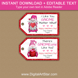 Theres Gnome one like you Valentine Gift Tags Girls Red Glitter and Fuchsia