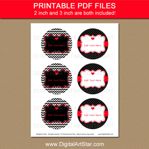 Three Inch Round Valentine Favor Stickers Printable Black Red