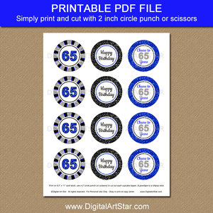 Two Inch Round Royal Blue Black Silver Glitter Cupcake Toppers Download for Mans 65th Birthday