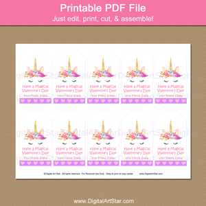 Printable Unicorn Valentine Gift Tags for Girls