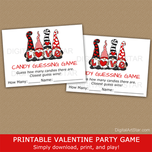 Valentines Day Candy Guessing Game Cards Printable with Four Gnomes