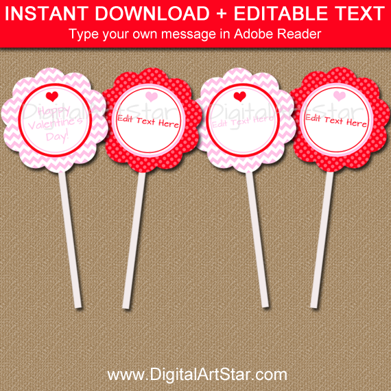 Printable Valentines Day Cupcake Toppers in Pink and Red