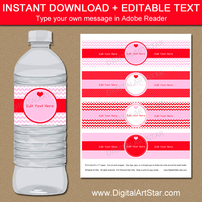 Valentine Water Bottle Labels Editable Template Pink and Red