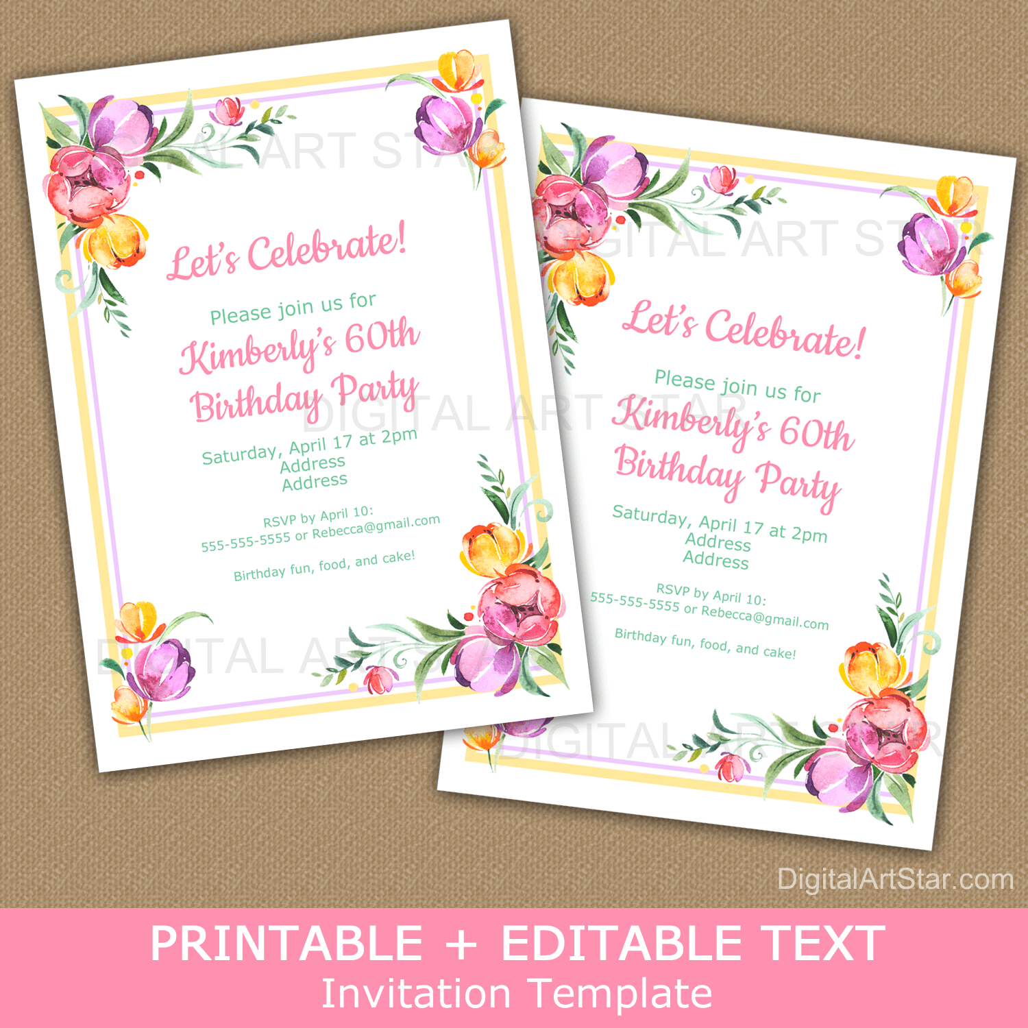 Watercolor Tulip Invitation for Spring Birthday Party