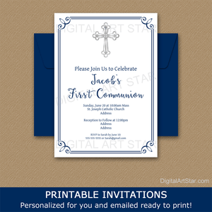 White and Blue First Holy Communion Invitation for Boys