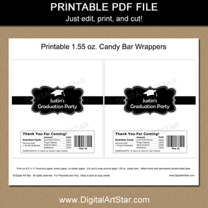 White Black Printable Graduation Candy Bar Wrappers Party Favors