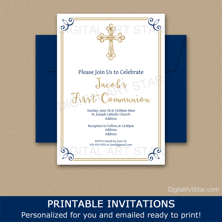 White Navy Blue Gold First Communion Invitation Template for Boys