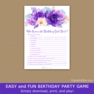 Who Knows the Birthday Girl Best Game Printable Purple Floral