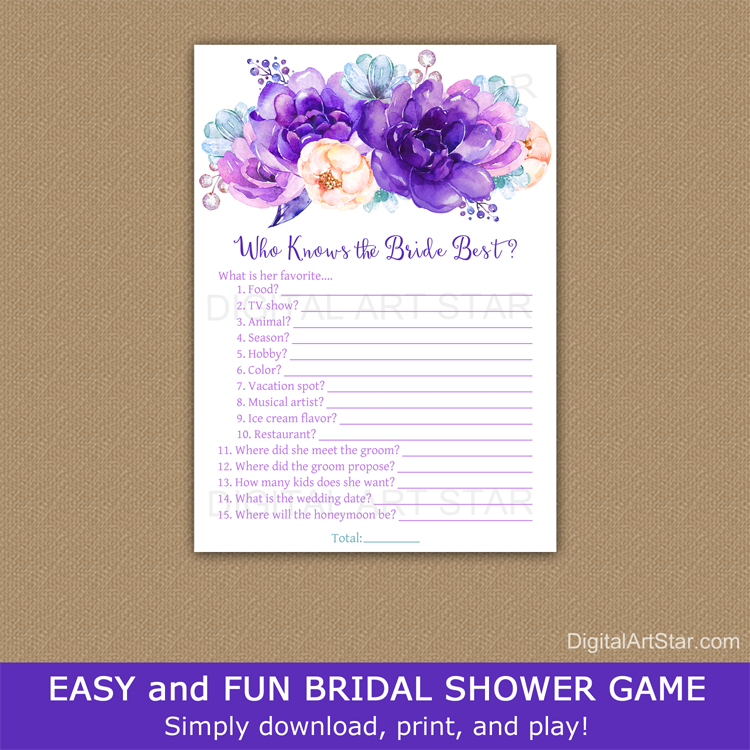 Who Knows the Bride Best Questions Purple Floral Bridal Shower Game