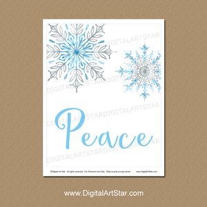 Peace Wall Art Download with Blue and Silver Snowflakes