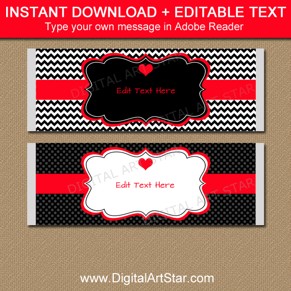 Black and Red Valentine Candy Bar Wrappers