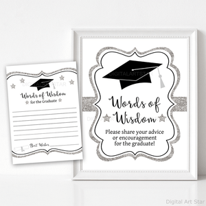 words of wisdom for the graduate sign and cards template white black silver glitter