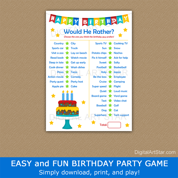 Would He Rather Birthday Game Printable for Him