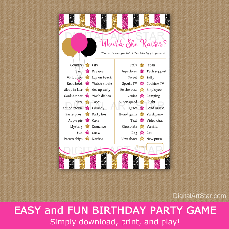 Would She Rather Birthday Game Printable Bright Pink Black Gold