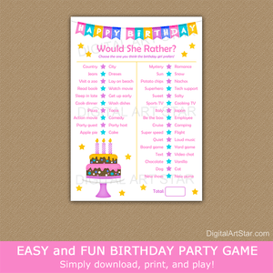 Would She Rather Birthday Game Printable Pink and Purple