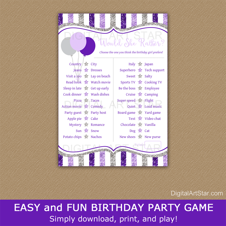Would She Rather Birthday Game Printable Purple Lavender Silver
