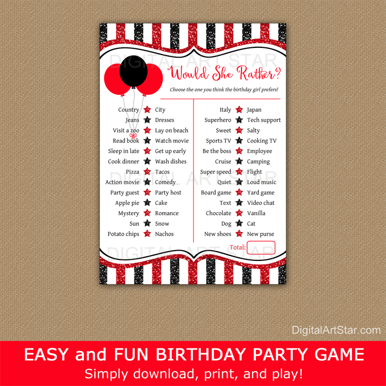 Would She Rather Birthday Game Printable Template Red and Black