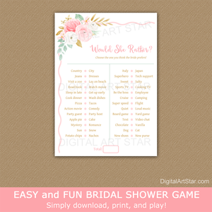 Would She Rather Bridal Shower Game PDF Floral Pink, Gold, Mint Green
