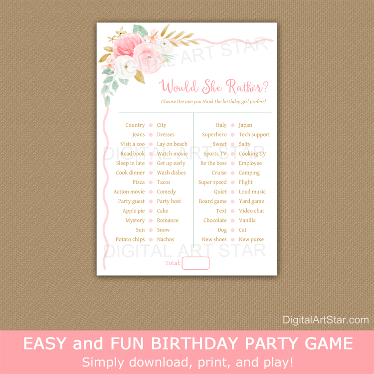Would She Rather Floral Birthday Game Printable Pink, Gold, Mint Green