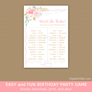Would She Rather Floral Birthday Game Printable Pink, Gold, Mint Green