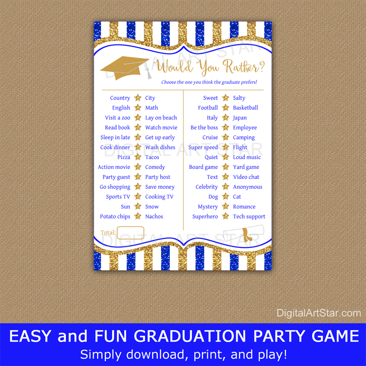 Would You Rather Graduation Game Printable Royal Blue and Gold
